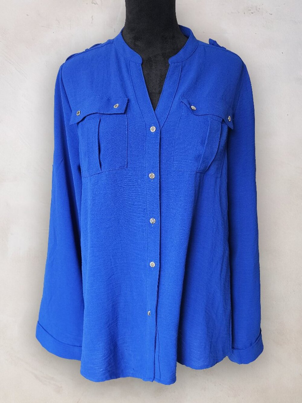 Calvin Klein Royal Blue Gold Button Utility Blouse Roll Tab Long Sleeve